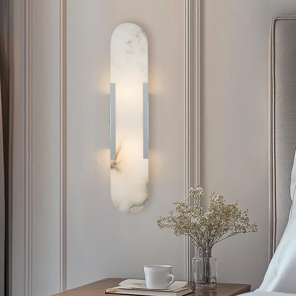 20 Inch Alabaster Wall Sconce, Natural Marble Vanity Light, Unique Natural Stone Texture Light with Premium Metal, White Stone Wall Mount Lamp for Bathroom, Bedroom, Living Room (Brushed Nickel)