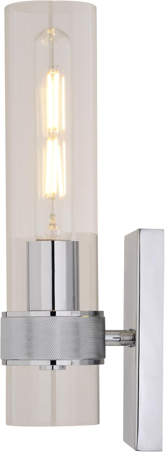 VAXCEL Bari 1 Light Bathroom Lighting Fixture with Clear Glass Cylinder Shade, Chrome Finish, Contemporary Modern Wall Sconce