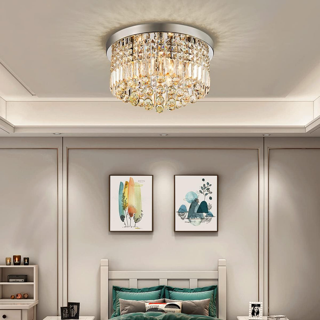 Saint Mossi Modern K9 Crystal Raindrop Chandelier Lighting Flush Mount LED Ceiling Light Fixture Pendant Lamp for Dining Room Bathroom Bedroom Livingroom 9 E12 LED Bulbs Required Height 11 x Width 20
