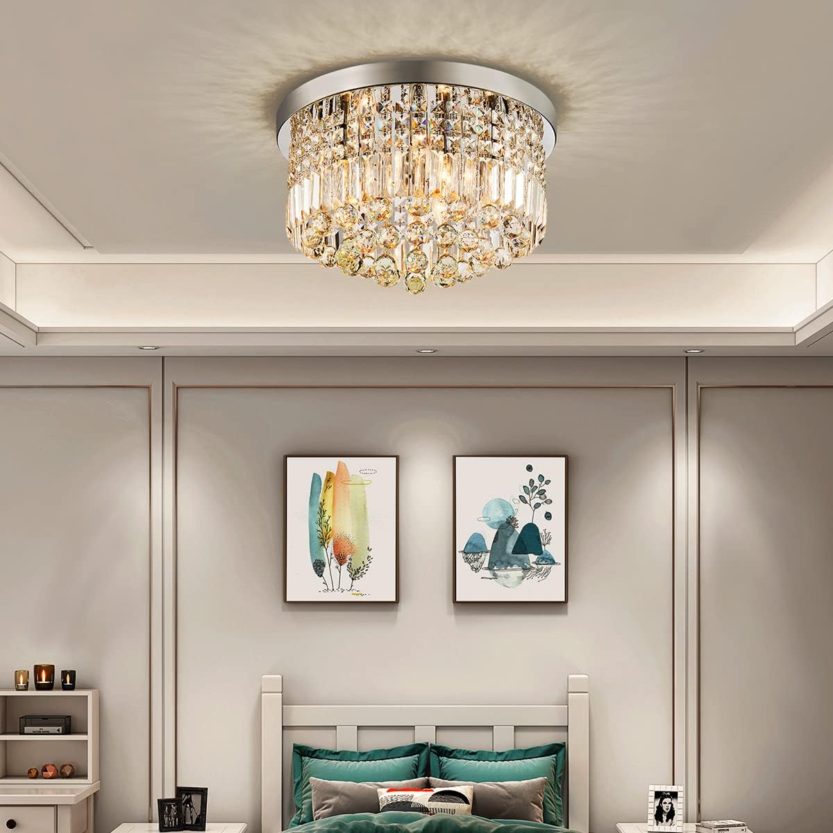 Saint Mossi Modern K9 Crystal Raindrop Chandelier Lighting Flush Mount LED Ceiling Light Fixture Pendant Lamp for Dining Room Bathroom Bedroom Livingroom 9 E12 LED Bulbs Required Height 11 x Width 20