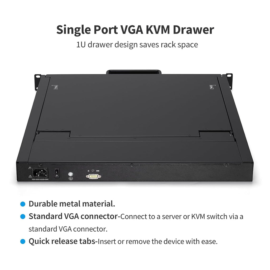 1U Rack Mount KVM Console-17 Rackmount Monitor Keyboard and Single Port VGA KVM, 50,000 MTBF,1280X1024 60Hz,17.6X18.9X1.67 inches(WXDXH),Fit 1U 19'' Rack,with 1 USB VGA Cable,1 Power Cord, 2 Brackets