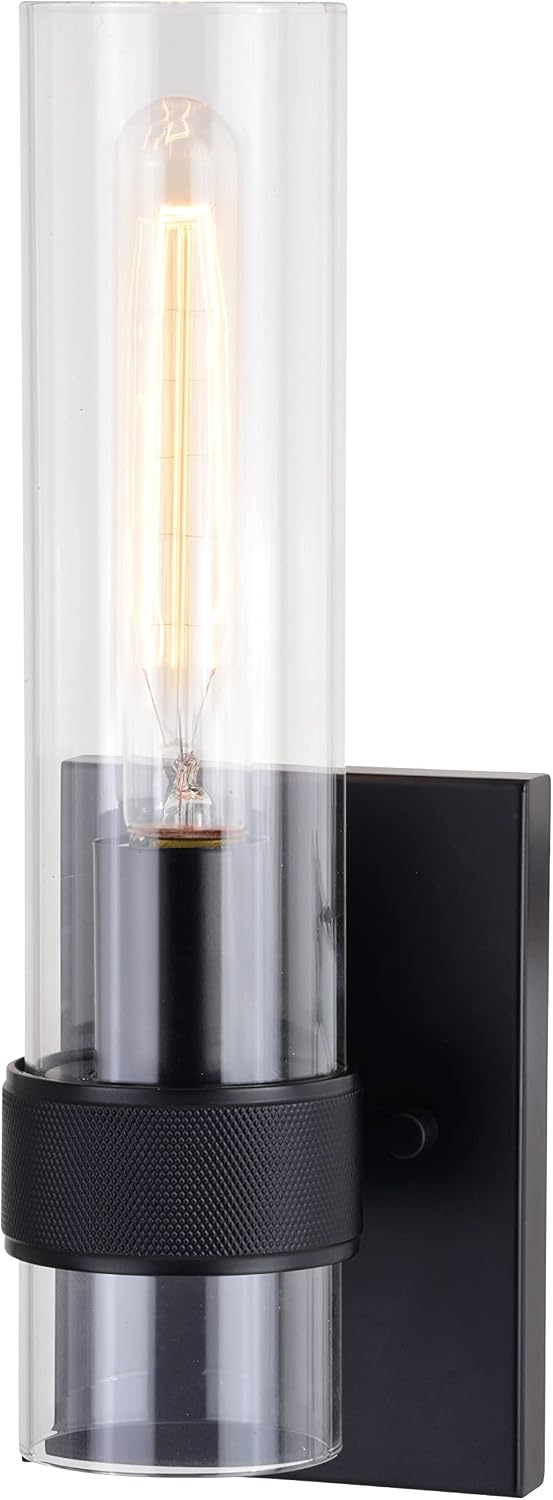 VAXCEL Bari 1 Light Matte Black Contemporary Wall Sconce with Clear Cylinder Glass