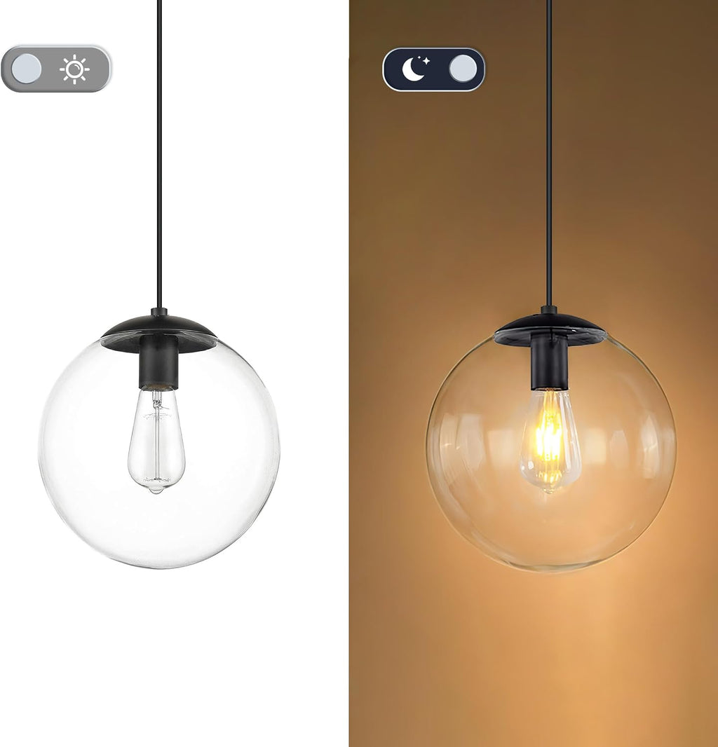 KoKo&Yukina 8' Black Glass Globe Modern Pendant Lights 2 Pack Mid Century Clear Glass Pendant Light Fixtures Adjustable Hanging Pendant Lighting for Kitchen Island Bedroom Hallway Bulbs Included