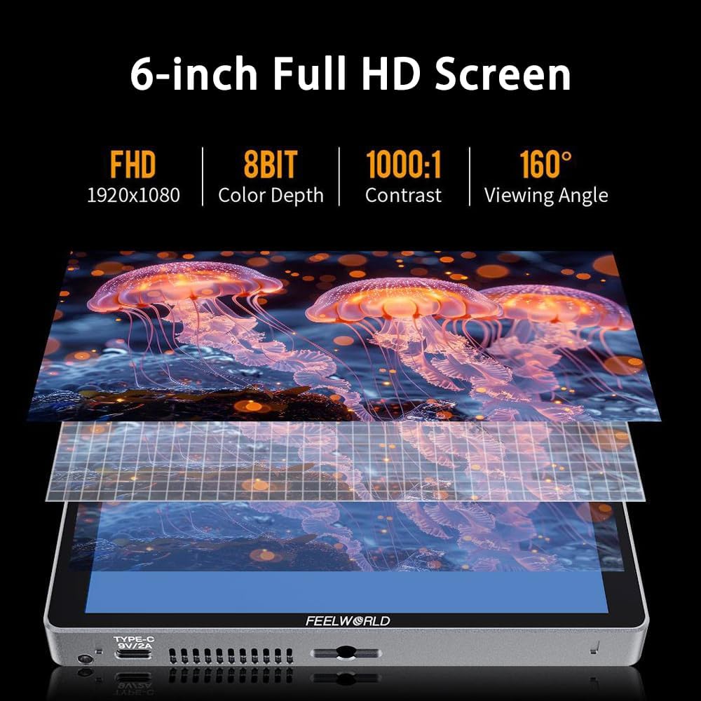 FEELWORLD P6XL 6 Inch Camera Monitor, 1200nit IPS Touch Screen 1920x1080 Built-in 3000mAh Battery Camera Field Monitor with Sunshade, Video Assist HDR Waveform Focus Peaking 3D LUT 4K HDMI