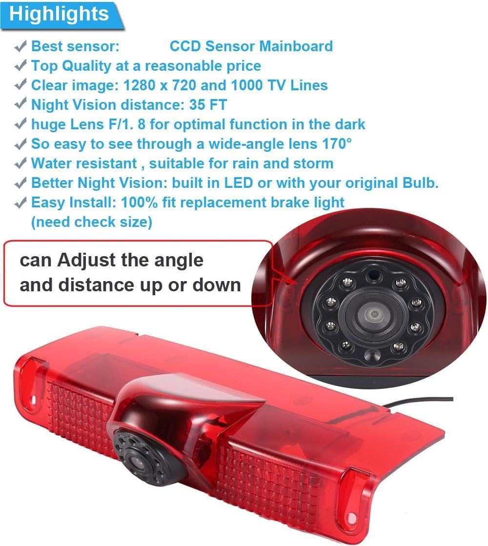 Car Third Roof Top Mount Brake Lamp Light Rear View Reverse Parking Camera,Replacement for Chevrolet Express GMC Chevy Savana Exporer Vans Cargo Van 2003-2018 (with 7 inch Monitor)