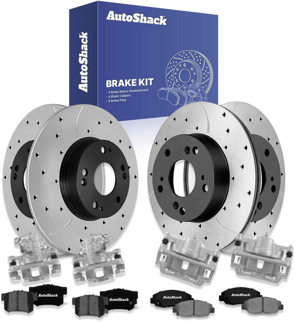 AutoShack Front & Rear Brake Rotors, Premium Pads & Calipers for Honda, Civic 2006-2011, FWD L4 1.8L - E-Coated Drilled & Slotted - ShadowGuard