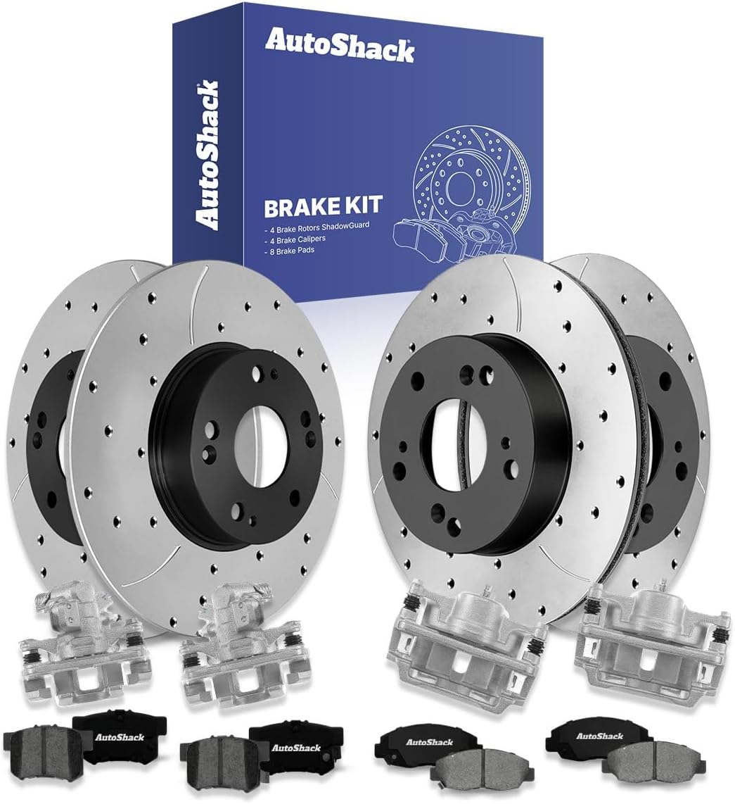 AutoShack Front & Rear Brake Rotors, Premium Pads & Calipers for Honda, Civic 2006-2011, FWD L4 1.8L - E-Coated Drilled & Slotted - ShadowGuard