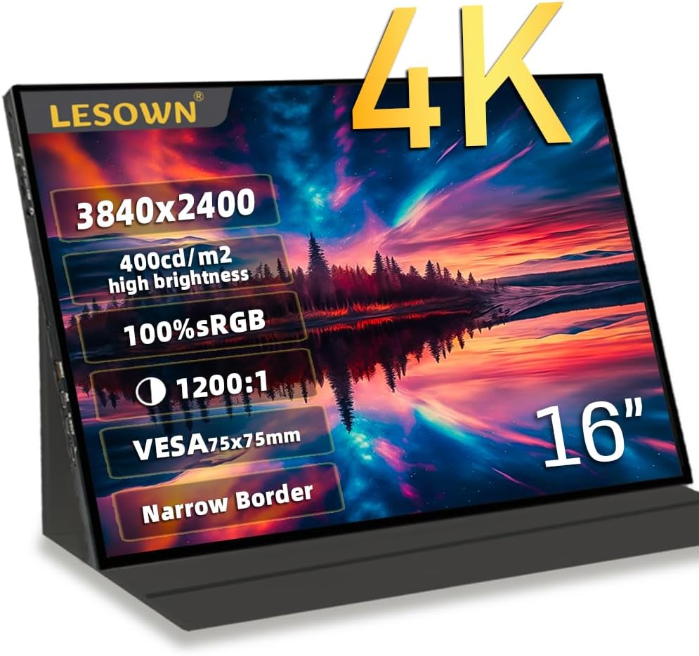 3840x2400 UHD 4K Portable Monitor 16 inch USB C HDMI Touch 400Nits High Brightness Ultra Wide Display with Speakers External Monitor for Laptop PC Phone Mac (4K No Touch)