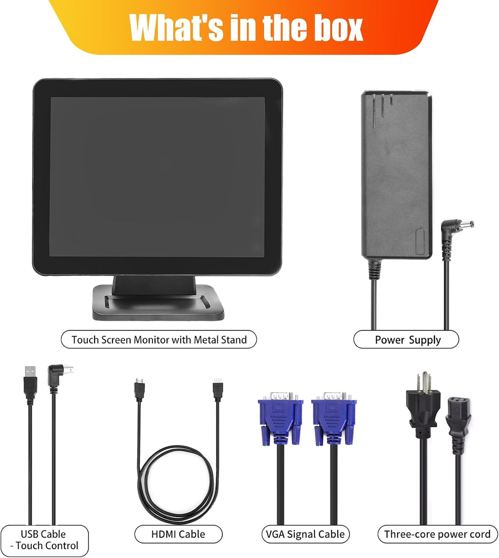 ANGEL POS 15-Inch 4:3 Capacitive LED Backlit Multi-Touch Monitor, True Flat Seamless Design Touchscreen with Metal POS Stand, for Office, POS, Retail, Restaurant, Bar, Gym, Warehouse
