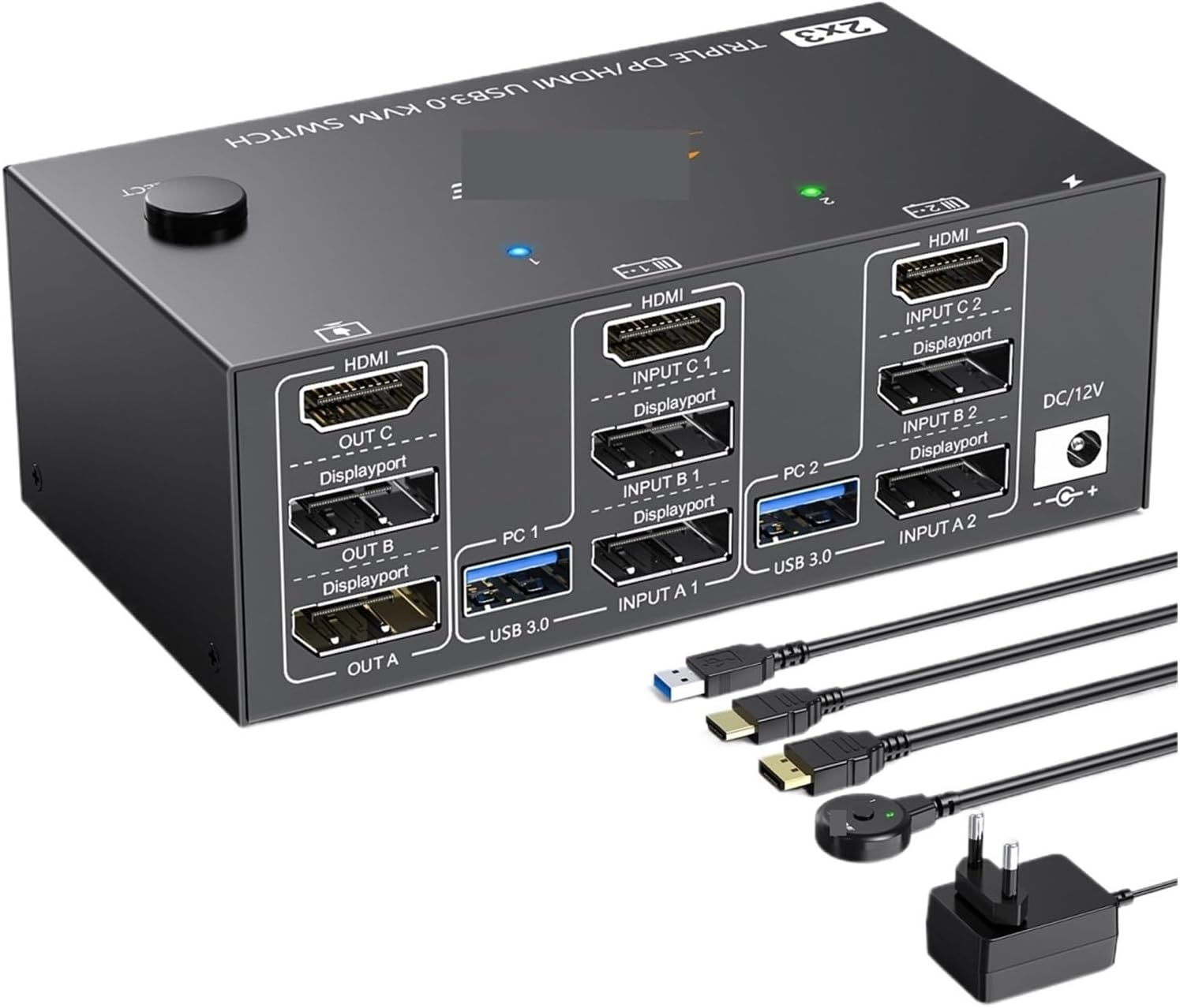 KVM Switch 4 Monitors 2 Computers, USB 3.0 HDMI + DisplayPort 8K@30Hz/4k@144Hz for 2 Computer Share Four Monitor 4 USB 3.0(204-2H2D,EU Plug)