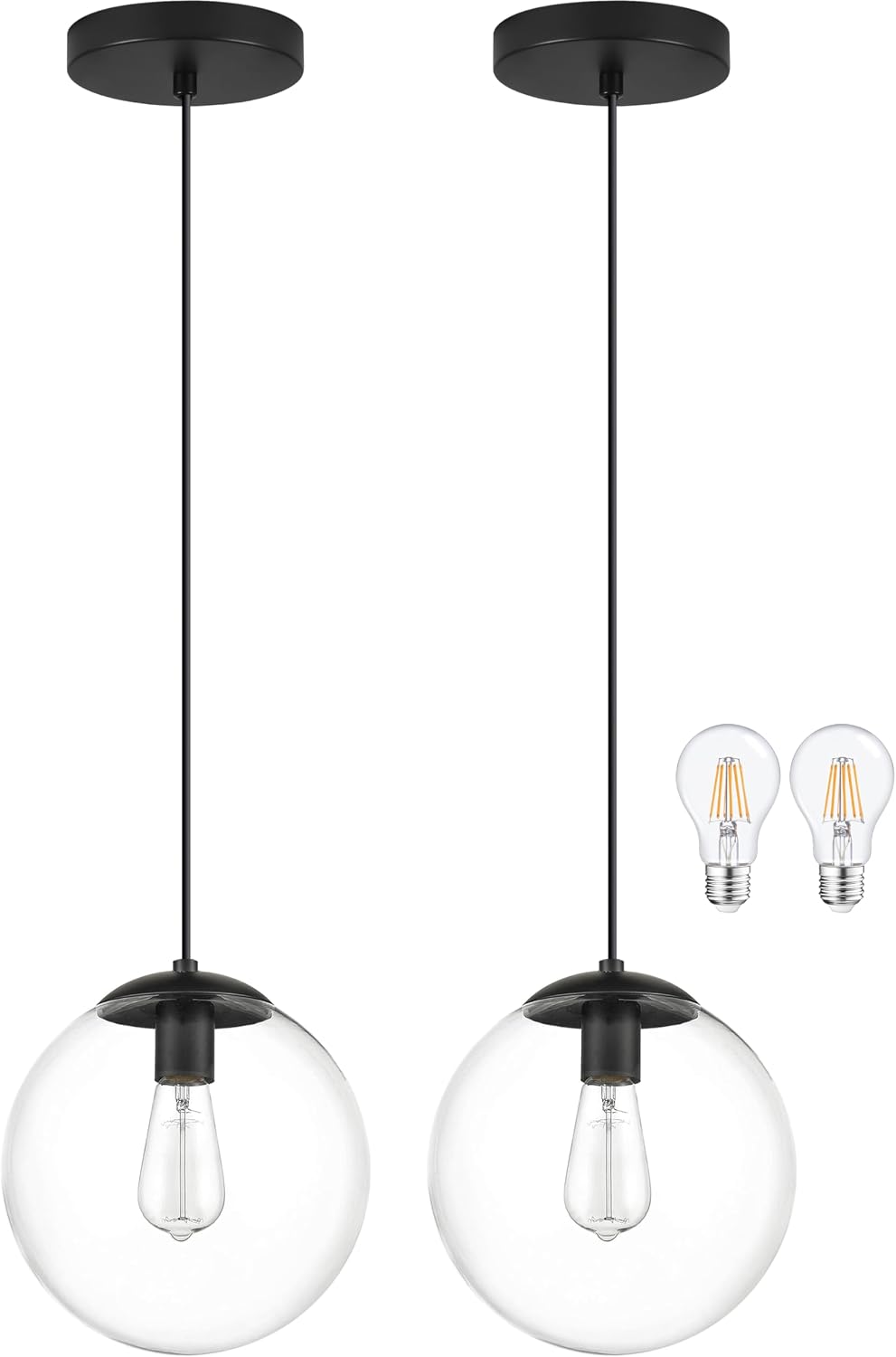 KoKo&Yukina 8' Black Glass Globe Modern Pendant Lights 2 Pack Mid Century Clear Glass Pendant Light Fixtures Adjustable Hanging Pendant Lighting for Kitchen Island Bedroom Hallway Bulbs Included