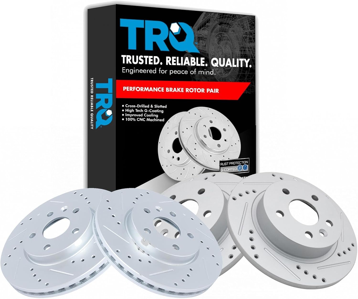 TRQ Performance Front and Rear Brake Rotor Set G Coated Drilled and Slotted Compatible with 2011-2015 Chevrolet Cruze 2016 Cruze Limited 2014-2016 Sonic