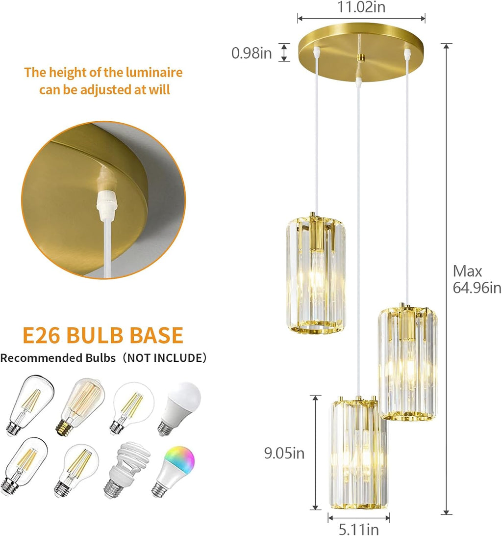 Gold Pendant Lighting Modern Pendant Light, Mini Crystal Chandeliers,Adjustable Pendant Light Fixture for Kitchen Island Dinning Room Corridor Bedroom(Gold 3-Light)