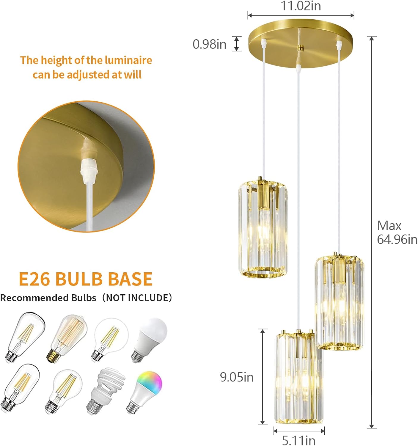Gold Pendant Lighting Modern Pendant Light, Mini Crystal Chandeliers,Adjustable Pendant Light Fixture for Kitchen Island Dinning Room Corridor Bedroom(Gold 3-Light)