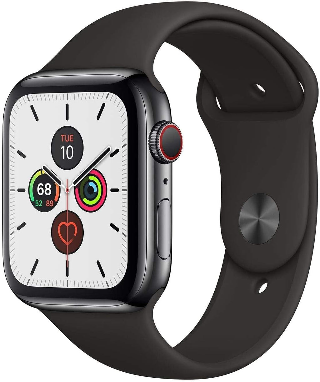 Apple Watch Series 5 (GPS + Cellular, 44MM) - Space Black Stainless Steel Case with Black Sport Band (Renewed)