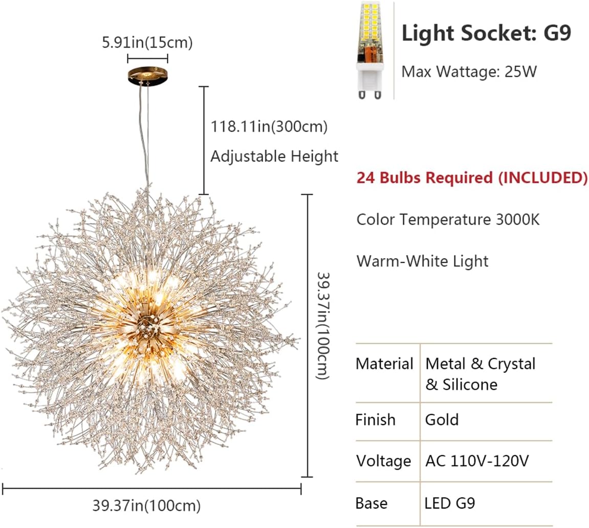 Modern Crystal Chandelier Gold, 24-Light Large Firerwork Chandelier for Living Room, 39.3' Crystal Sputnik Pendant Lighting for Entry Hallway Foyer