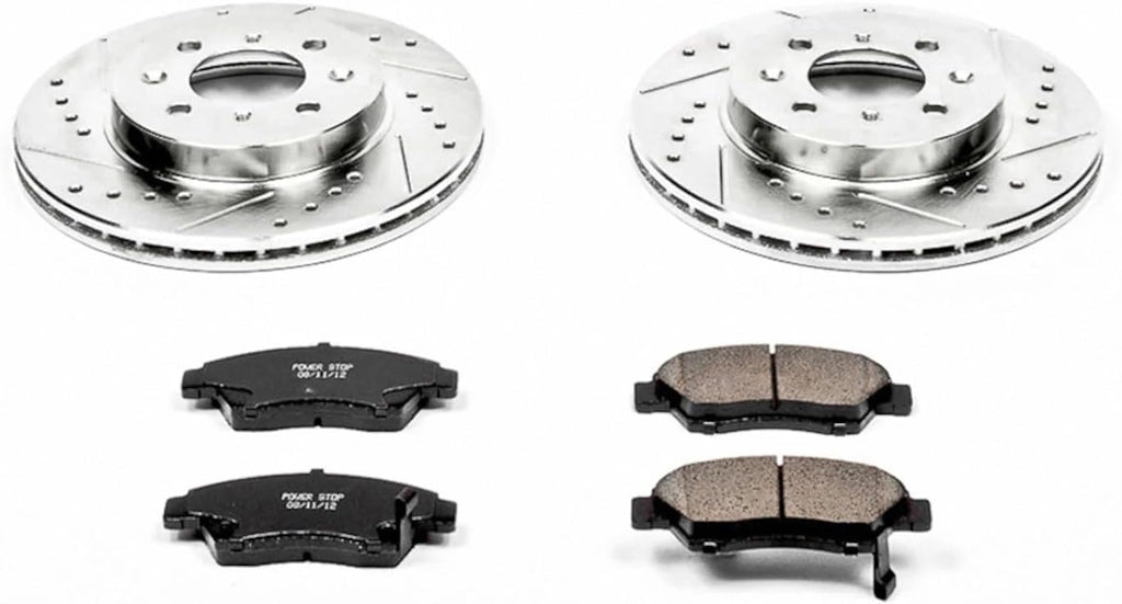 PowerStop Front Brake Kit for Honda Civic 1993-95 |Civic del Sol 1994-97 |Fit 2007-08 - Drilled and Slotted Disc Rotors with Carbon-Fiber Ceramic Brake Pads Replacement, K694