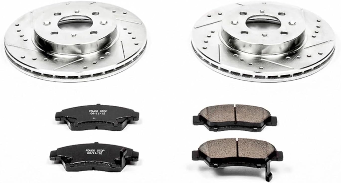 PowerStop Front Brake Kit for Honda Civic 1993-95 |Civic del Sol 1994-97 |Fit 2007-08 - Drilled and Slotted Disc Rotors with Carbon-Fiber Ceramic Brake Pads Replacement, K694