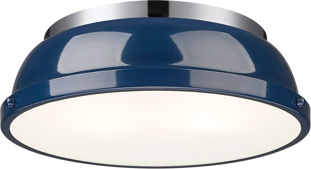 Golden Lighting Duncan 14' Flush Mount in Chrome with Matte Navy- Flush Mount Ceiling Light, Ceiling Light Fixture