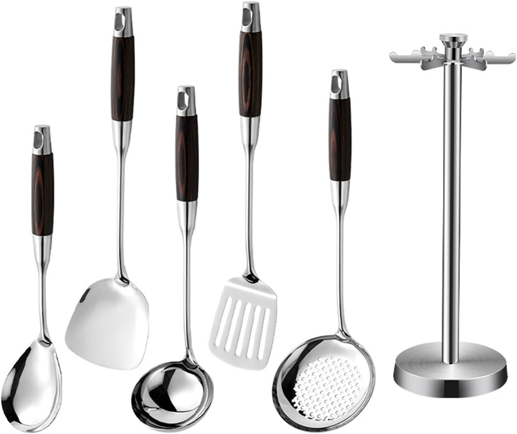 316 Stainless Steel Kitchen Utensils Set with Wooden Handle for Cooking Metal Kitchenware Cooking Utensils Set with Countertop Rotating Holder Stand Dishwasher Safe,6 Pcs