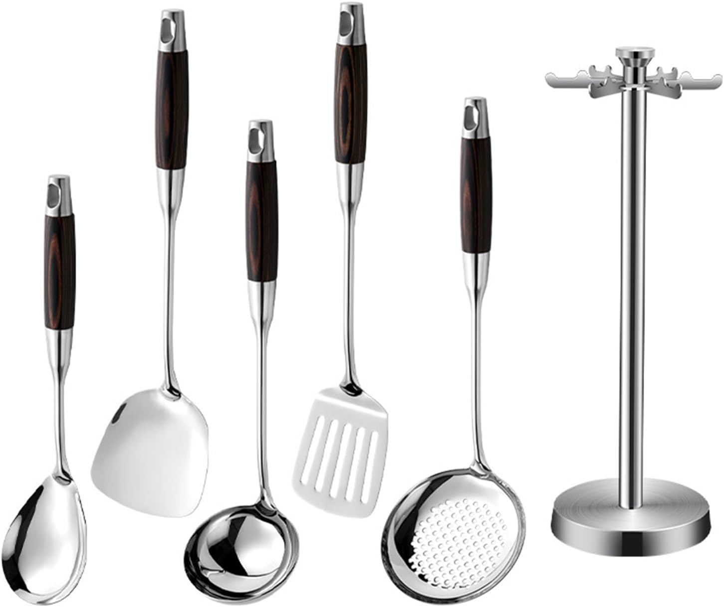 316 Stainless Steel Kitchen Utensils Set with Wooden Handle for Cooking Metal Kitchenware Cooking Utensils Set with Countertop Rotating Holder Stand Dishwasher Safe,6 Pcs