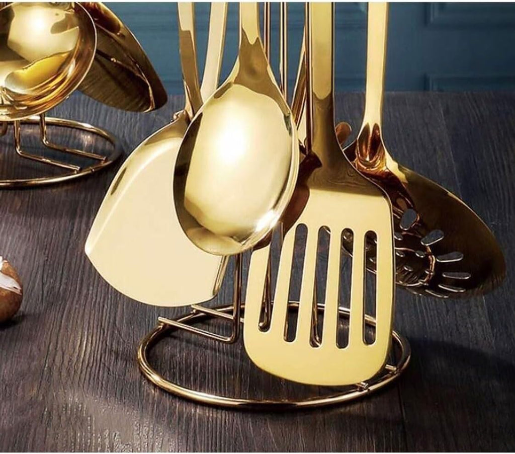 7-Piece Stainless Steel Cooking Utensils Set, Spoons & Spatulas with Storage Shelf, Ceramic Handle Kitchen Gadgets，Pink-One Size
