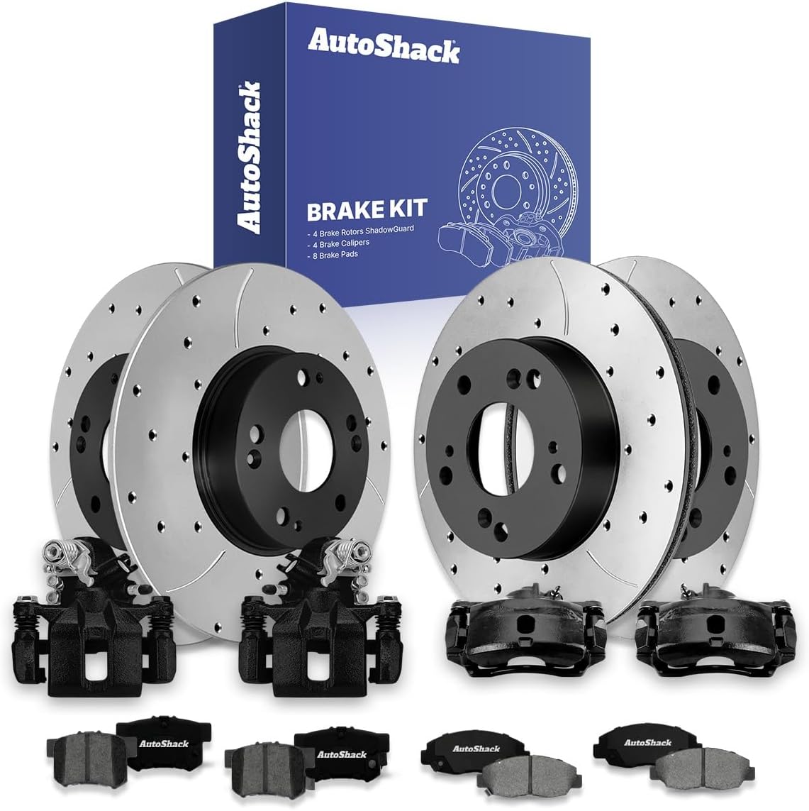 AutoShack Front & Rear Brake Rotors, Premium Pads & Black Calipers for Honda, Civic 2006-2011, FWD L4 1.8L - E-Coated Drilled & Slotted - ShadowGuard