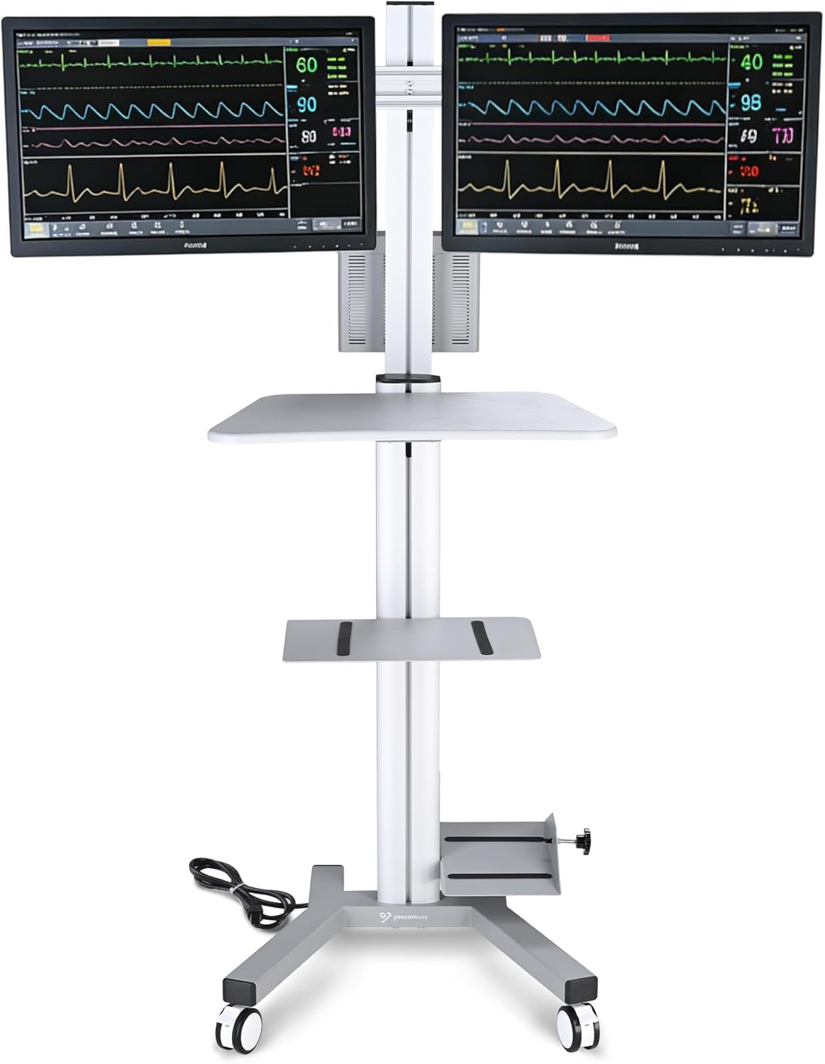 AW 32' Mobile PC Stand Workstation, Height Adjustable Dual Monitor Mount, Rolling Computer Cart on Wheels, ANSI/BIFMA X5.5-2021 Certificated Silver