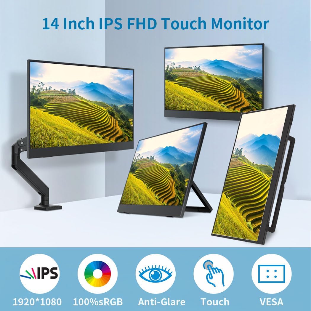 Portable Monitor Touchscreen 14',USB-C & FHD External Display 100% sRGB Anti-Glare Eye Care,Privacy Protection,Low-Power,VESA Mountable Travel Monitor for Laptop/Mac/Gaming/Office