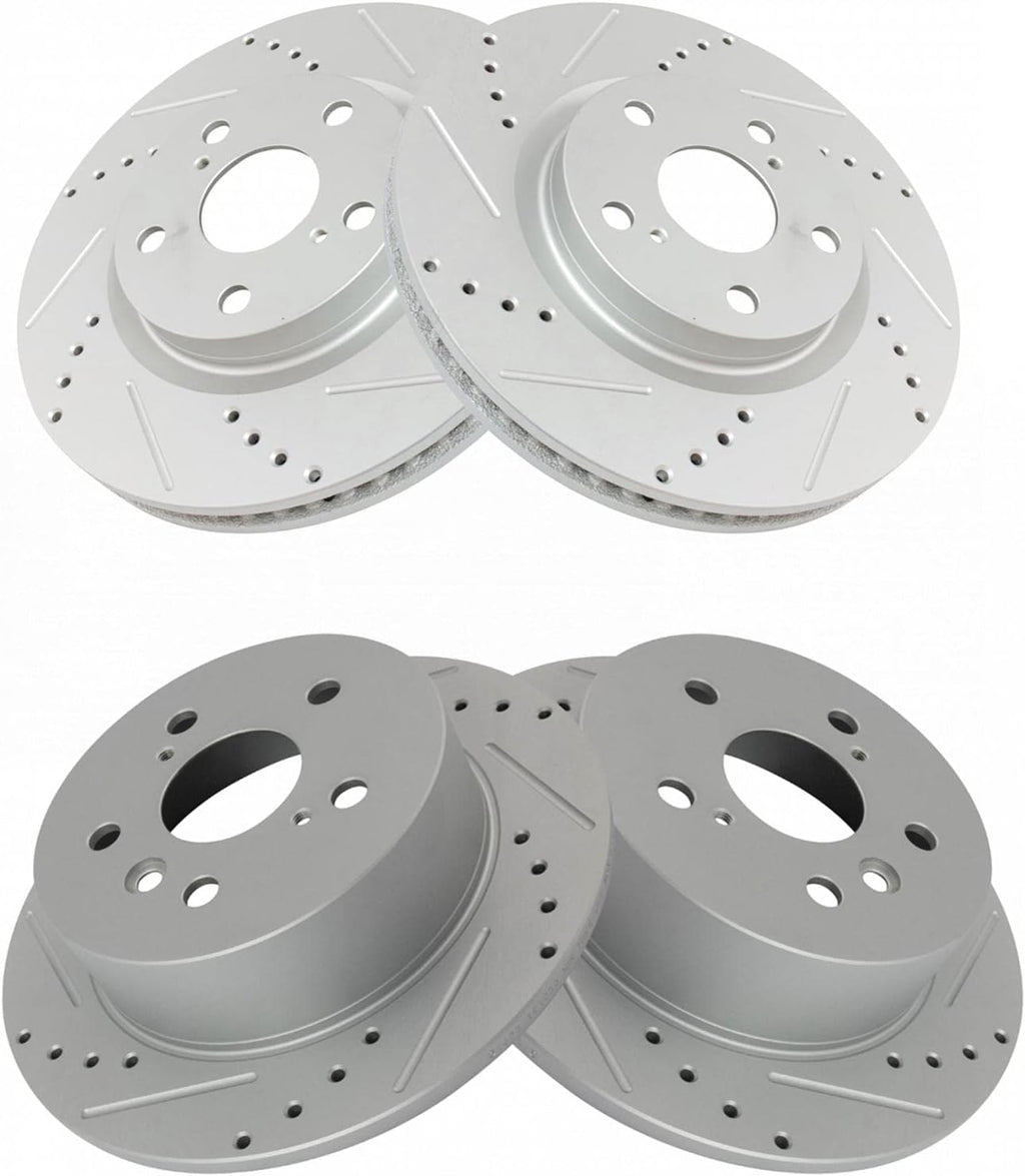 TRQ Performance Front and Rear Brake Rotor Set G Coated Drilled and Slotted Compatible with 2007-2012 Lexus ES350 2008-2012 Toyota Avalon 2007-2011 Camry