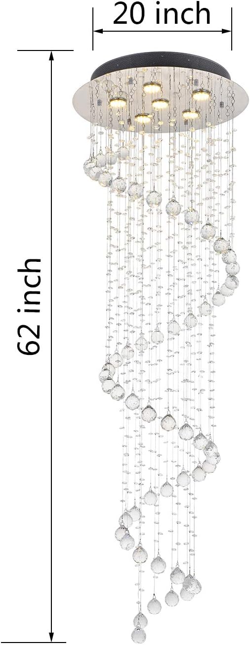 Elegant Spiral Crystal Chandelier Lighting, Clear K9 Crystal Raindrop LED Ceiling Lights Chrome Flush Mount Pendant Light Fixture for Livingroom Dining Room Hallway Stairway Foyer (D20'' H62'')