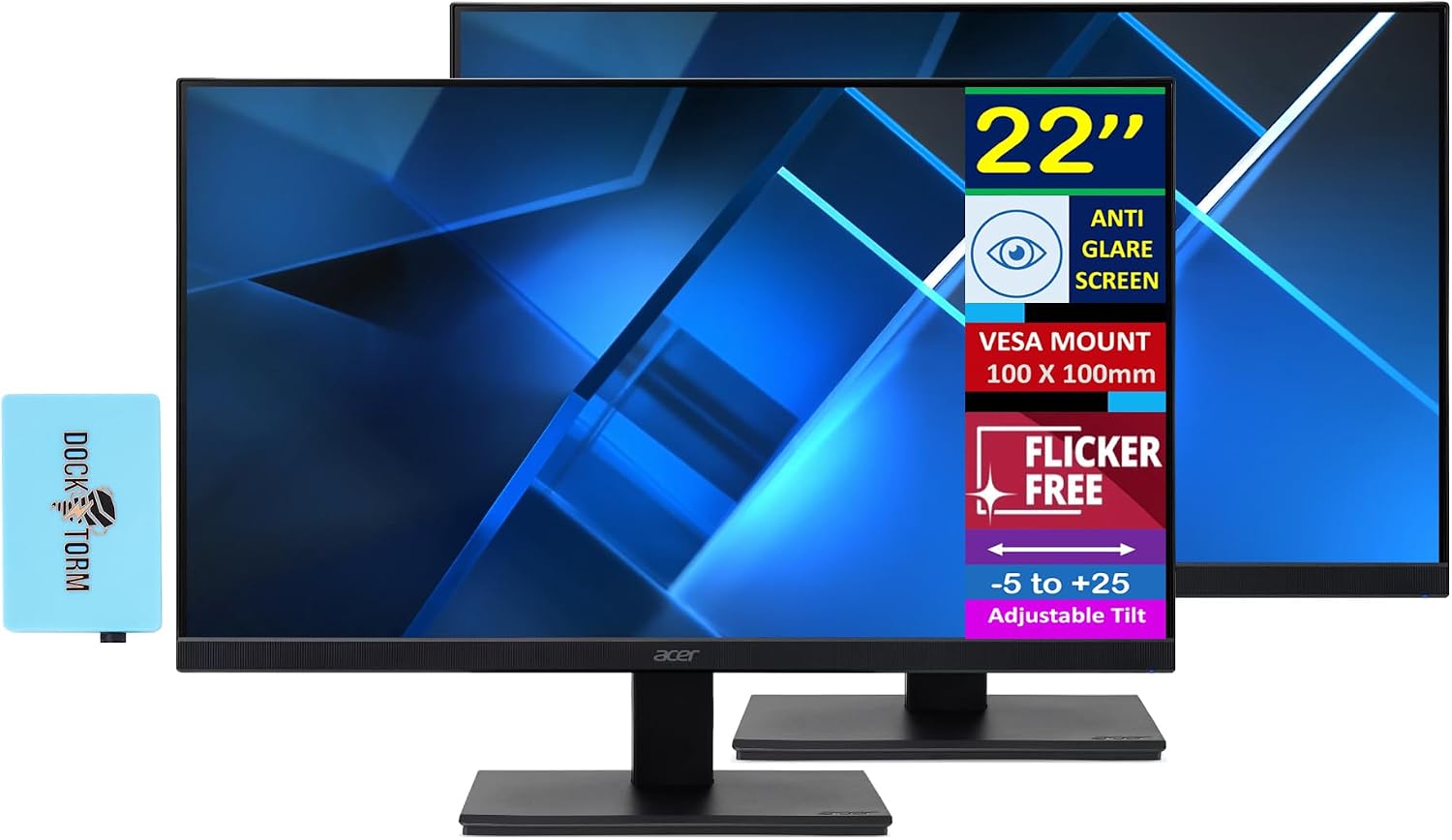 acer Vero V227Q H 22' FHD Free Sync Monitor with 4ms Response Time, Flicker Free, Anti Glare, VESA Mount (100mm), HDMI & Dockztorm USB Port Expander, Black (UM.WV7AA.H01-2026 Latest Model) 2 Pack