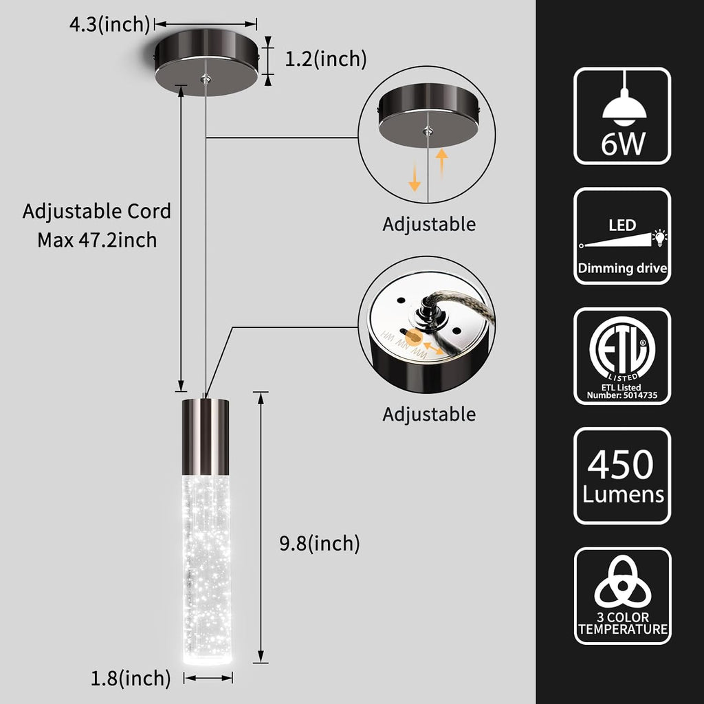 OKELI Modern Pendant Lights,3 Color LED Bubble Crystal Island Light Fixtures,Black Mini Pendant Lighting for Kitchen Island,Bar,6W,3000-6000K,ETL,3 Pack