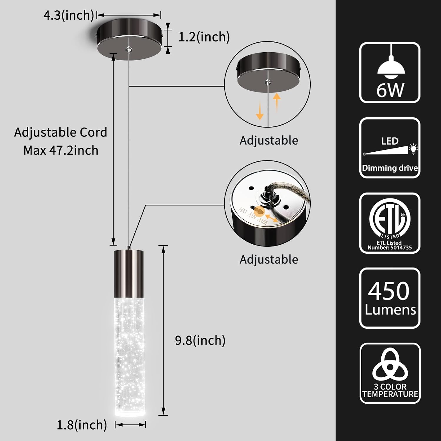 OKELI Modern Pendant Lights,3 Color LED Bubble Crystal Island Light Fixtures,Black Mini Pendant Lighting for Kitchen Island,Bar,6W,3000-6000K,ETL,3 Pack
