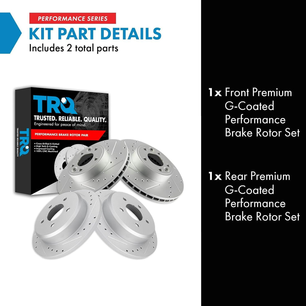 TRQ Performance Front and Rear Brake Rotor Set G Coated Drilled and Slotted Compatible with 1998-2002 Ford Crown Victoria Lincoln Town Car Mercury Grand Marquis