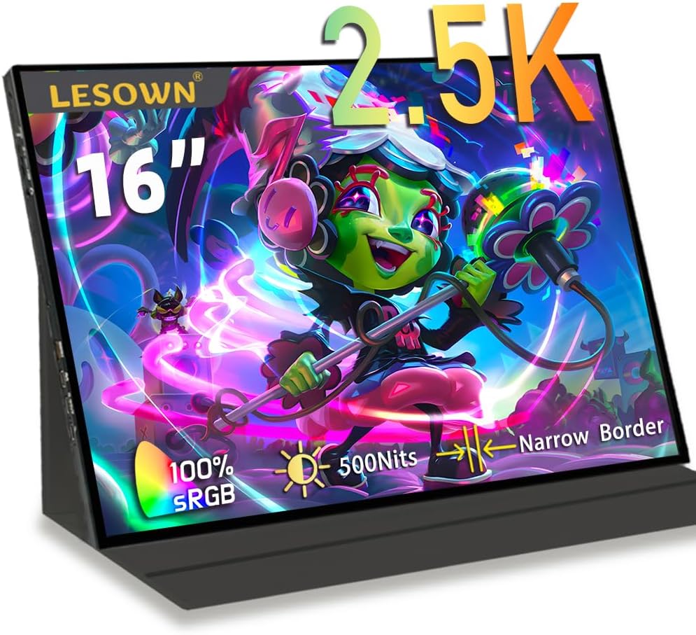 Portable Monitor 16 inch 2.5K 2560x1600 USB C HDMI Touch 500Nits High Brightness 100% sRGB Ultra Wide Drawing Display with Speakers External Monitor for Laptop PC Phone (2.5K No Touch)