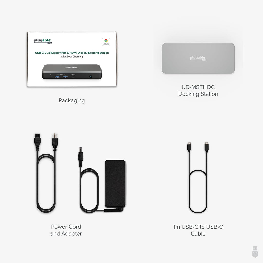 Plugable 12-in-1 Dual 4K USB-C Docking Station, Works with Chromebook Certified, 60W Charging for Classrooms & Business, ChromeOS/Windows, HDMI, DisplayPort, Ethernet, USB-C, 6X USB