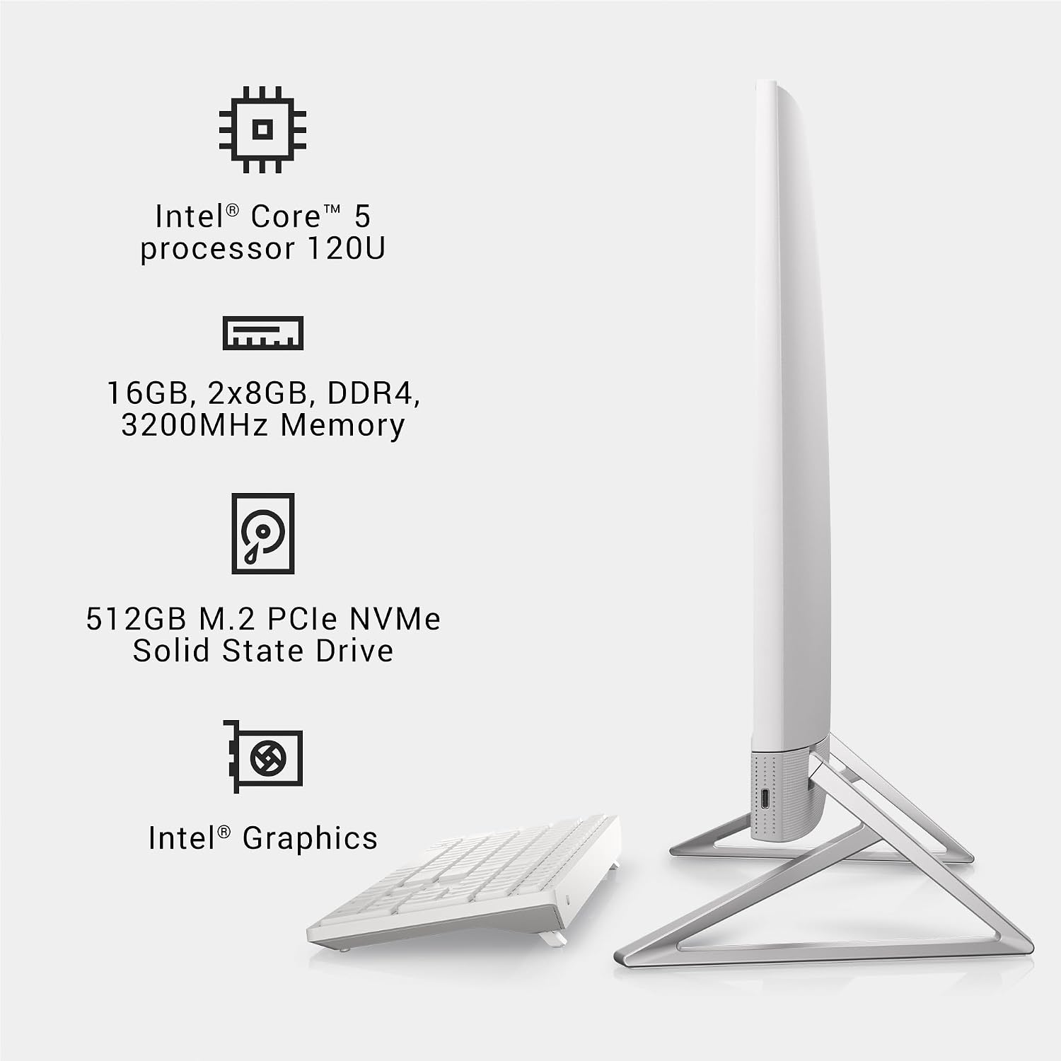 Dell Inspiron 7730 All in One Desktop - 27-inch FHD (1920 x 1080) Display, Intel Core 5-120U, 16GB DDR4 RAM, 512GB SSD, Intel Graphics, Windows 11 Home, Onsite Service - White