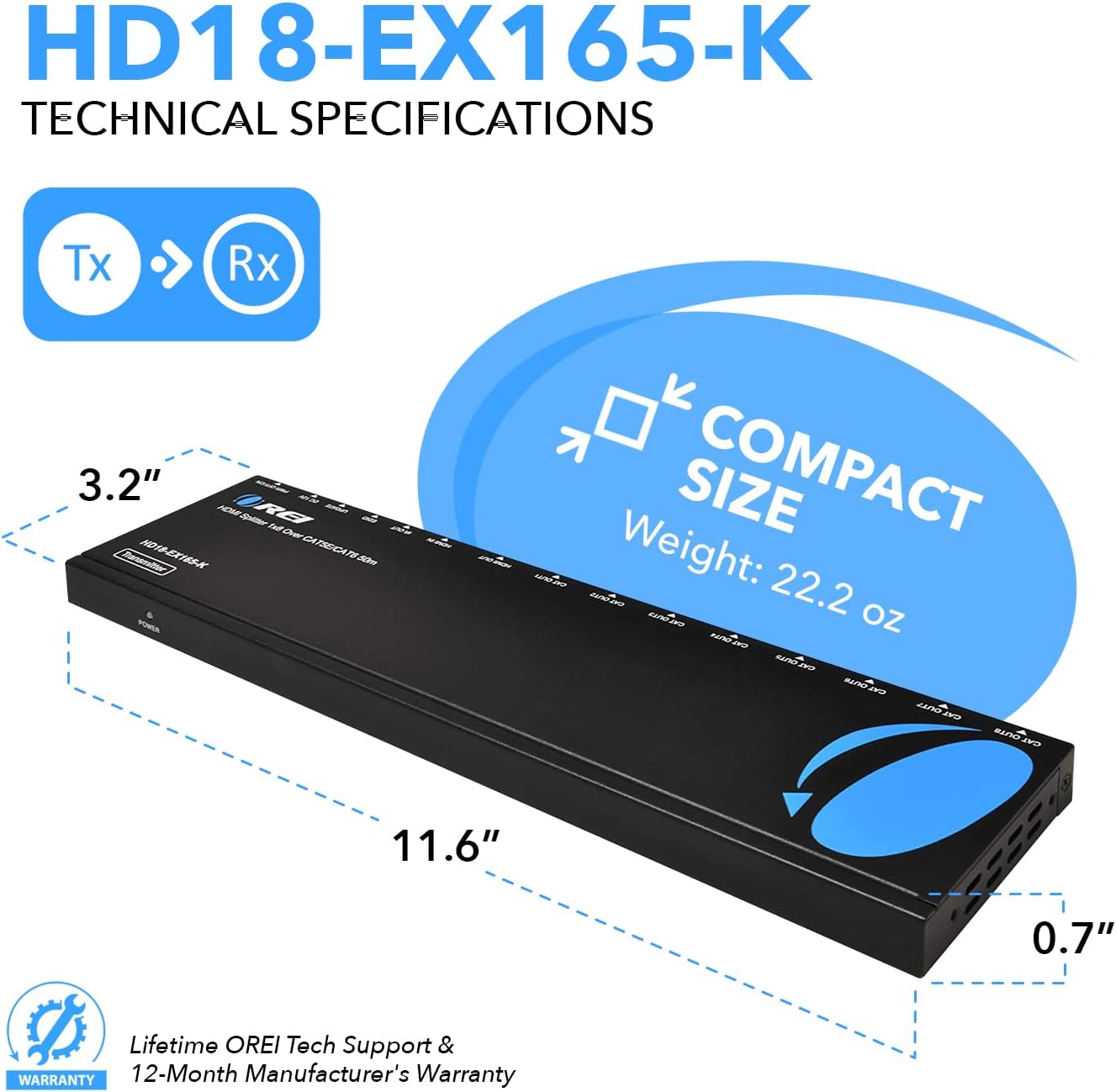 OREI 4K 1x8 HDMI Extender Splitter Multiple Over CAT 6/7 Cable with EDID management - 4K@30Hz upto 165ft and 1080p@60Hz upto 230ft- Loop Out