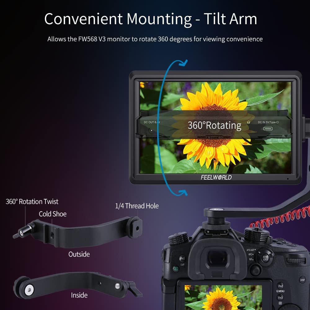 FEELWORLD FW568 V3 Upgrade 6 Inch Camera Field Monitor with 4k HDMI Ultra Bright Screen 3D Lut Small Full HD 1920x1080 IPS Video Peaking Focus for DSLR Cameras Include Sunshade and Tilt Arm Mount