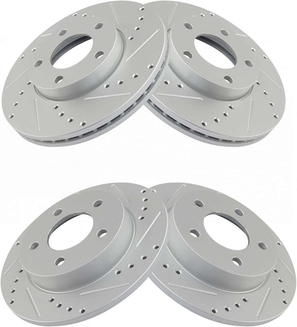 TRQ Front and Rear Performance Brake Rotors Set Premium G-Coated Cross Drilled & Slotted Compatible with 2004-2013 Mazda 3