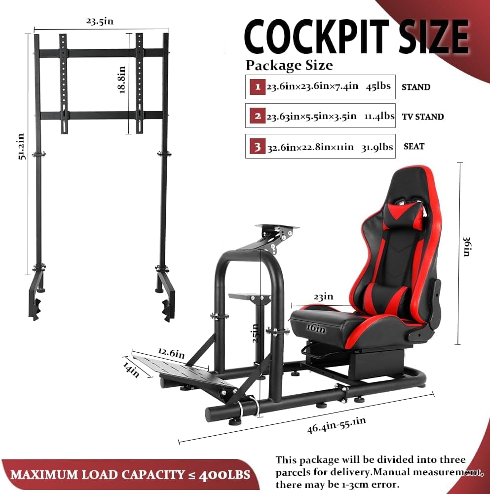 Driving Simulator Cockpit with Monitor Stand & Red Seat Fit for G923 G920 T500 Fantec T3PA/TGT Stable & Strong,No Steering Wheel Shift Lever Pedal Display