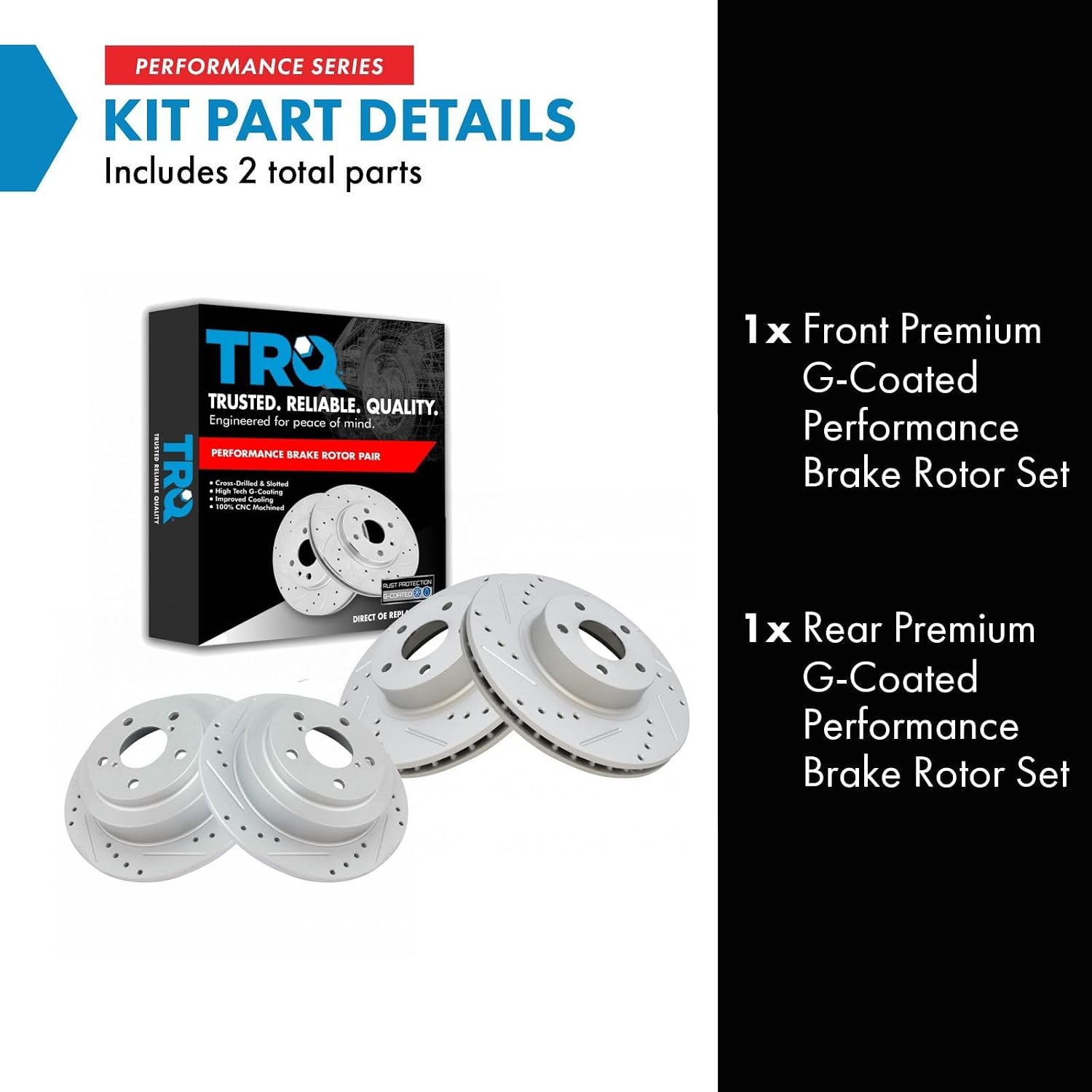 TRQ Performance Front and Rear Brake Rotor Set G Coated Drilled and Slotted Vented Solid Compatible with 2005-2006 Saab 9-2X 1998-2002 Subaru Forester 1997-2007 Impreza 1995-1999 Legacy