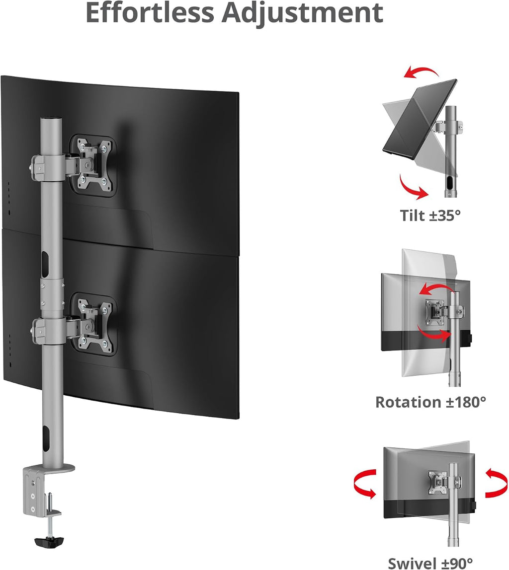 SIIG Dual Vertical Monitor Stand- Gray, Fits 13-38' Screens- Up to 26.5 lbs- 31.5' Height Adjustable Pole- Quick-Release VESA- Cable Management -C-clamp/Grommet -VESA Plate 75/100 (CE-MT5H11-S1)