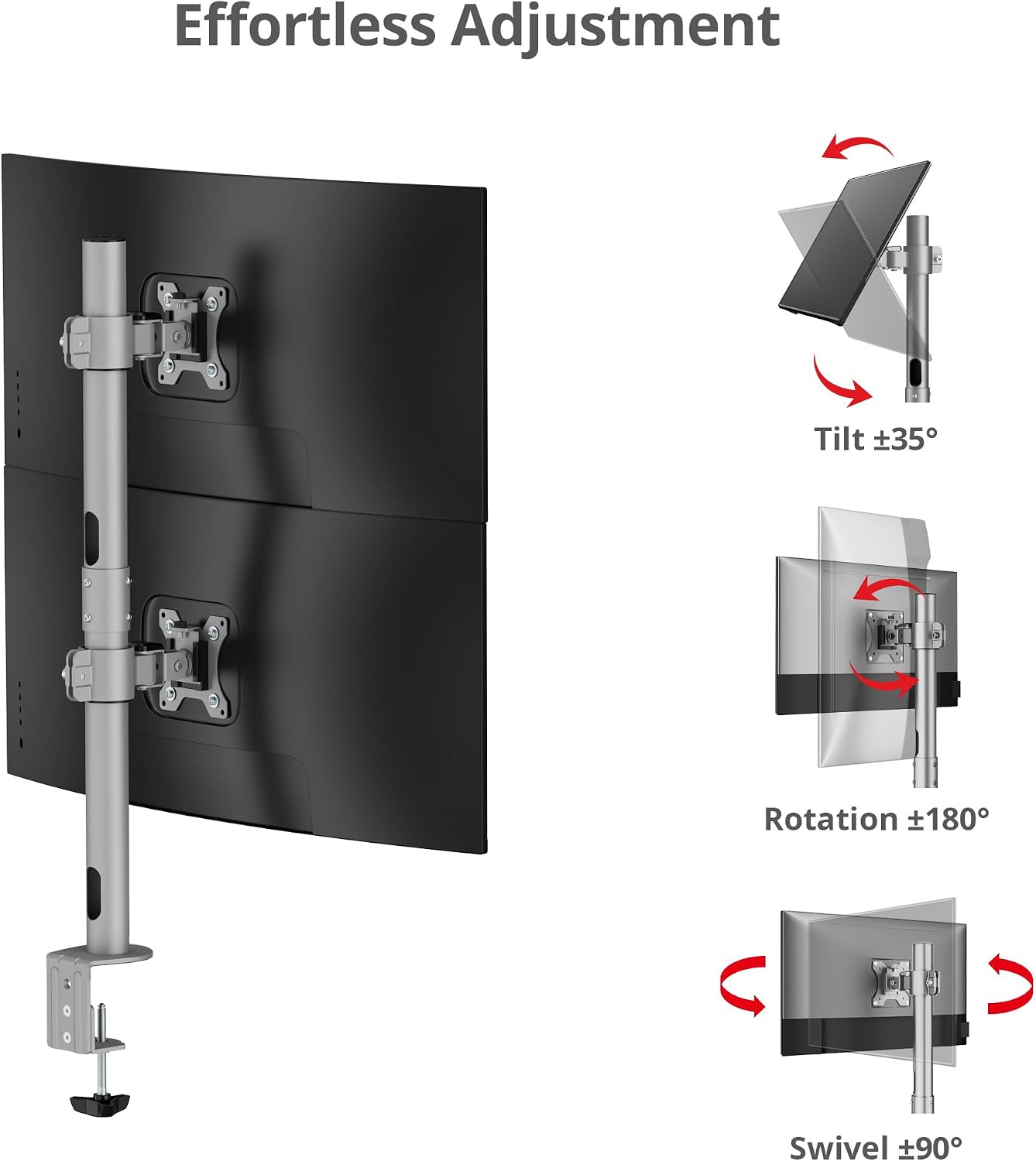 SIIG Dual Vertical Monitor Stand- Gray, Fits 13-38' Screens- Up to 26.5 lbs- 31.5' Height Adjustable Pole- Quick-Release VESA- Cable Management -C-clamp/Grommet -VESA Plate 75/100 (CE-MT5H11-S1)