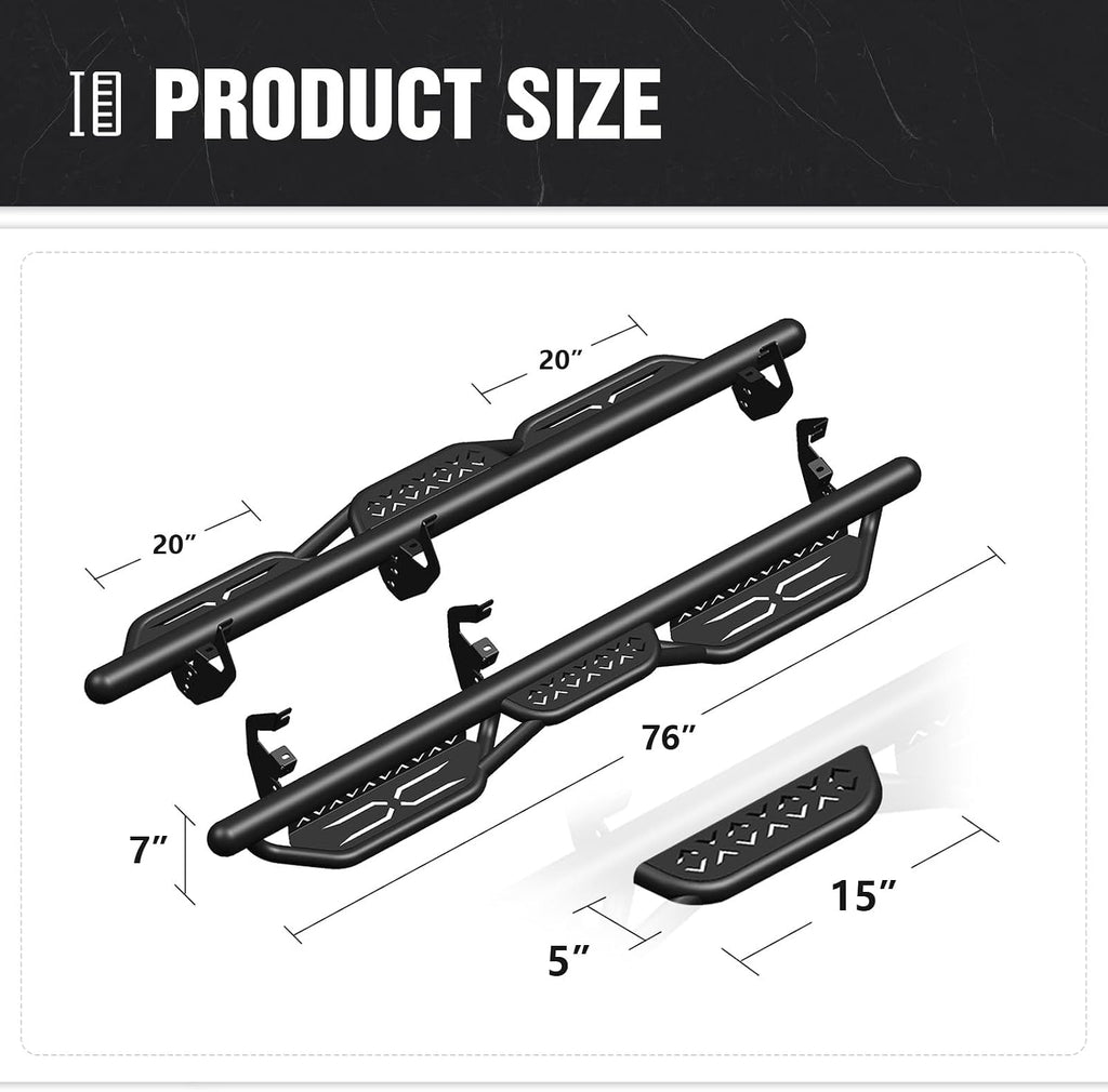 YZONA Running Boards Compatible for 2019-2026 Chevy Silverado & GMC Sierra 1500, 2020-2026 Chevrolet Silverado/GMC Sierra 2500 HD 3500 HD Double Cab/Extended Cab, Two Stairs Design Side Step Nerf Bar
