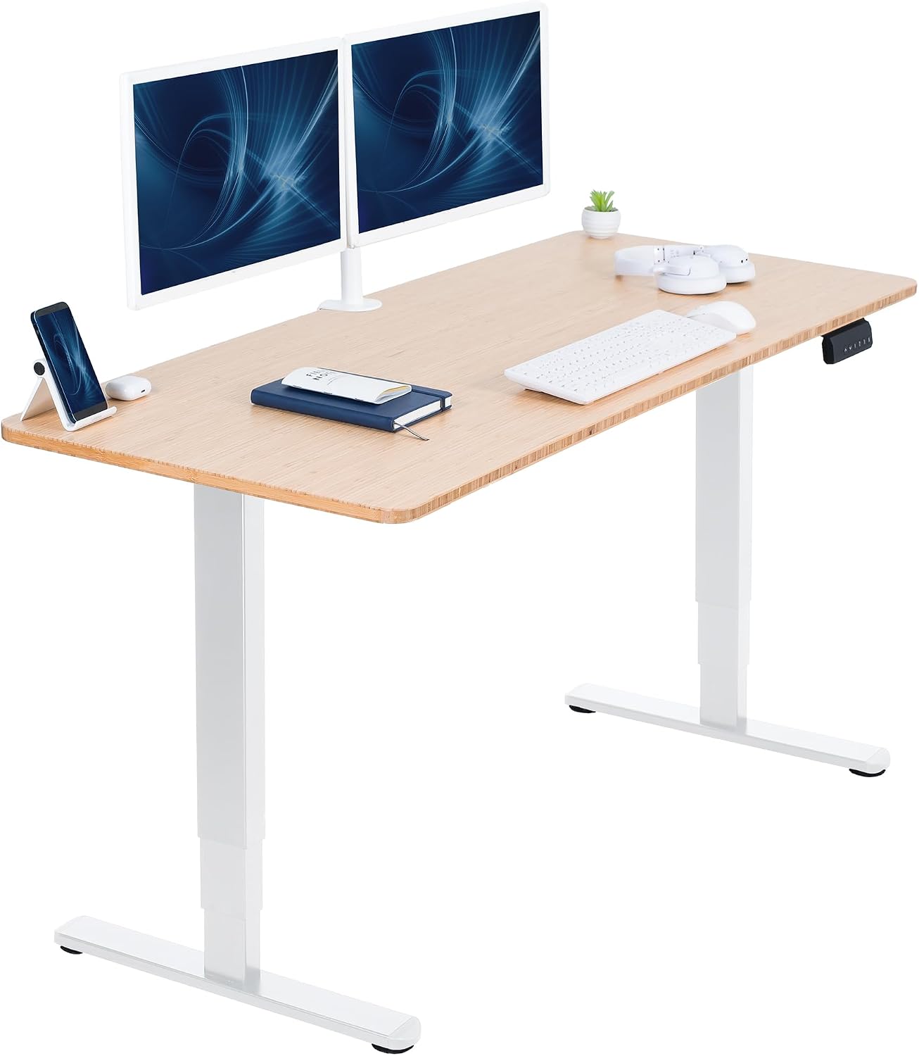 VIVO Electric 60 x 24 in Dual Motor Sit Stand Desk, Memory Height Adjustment, 2B Series, Bamboo Top White Frame, DESK-KIT-2W6O