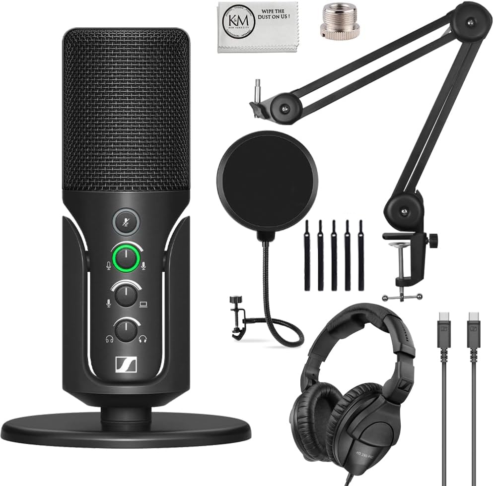 Sennheiser Profile USB Condenser Microphone with Desktop Stand Bundled with Closed-Back Headphones + Microphone Boom Arm + Wind Screen Pop Filter + Microfiber Cleaning Cloth (5 Items)