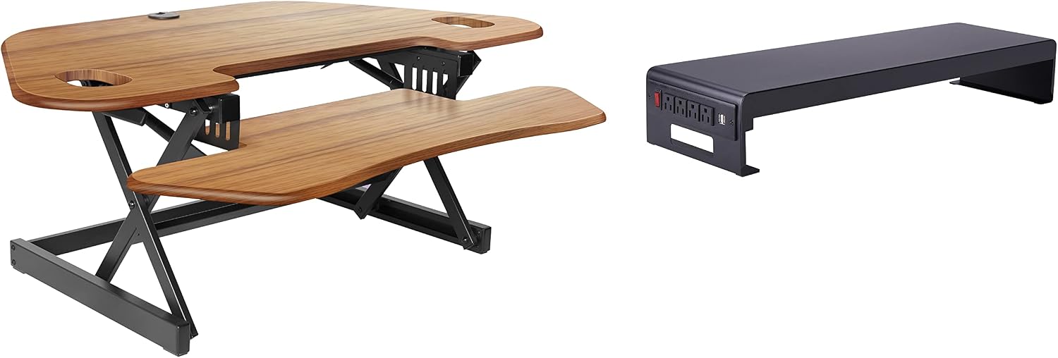 Rocelco 46' Height Adjustable Corner Standing Desk Converter with Dual Monitor Stand Bundle - Sit Stand Up Computer Workstation Riser - Extra Large Keyboard Tray - Teak Wood Grain (R CADRT-46-DMS)