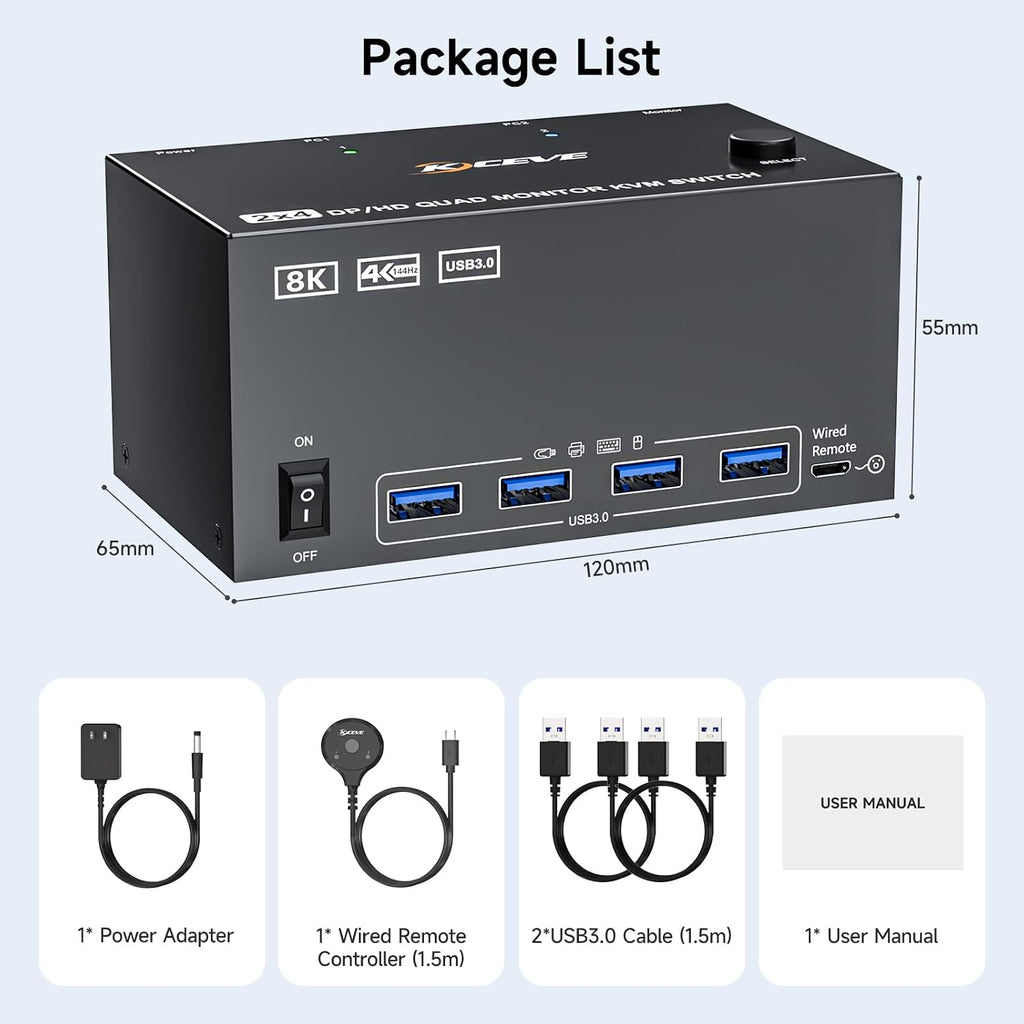 KVM Switch 4 Monitors 2 Computers 8K@60Hz/4K@120Hz, HDMI DP KVM Switches for 2 PC Sharing Quad Monitor and Keyboard Mouse with Power Adapter, Wired Extend Controller and USB Cables, 【Input 3 DP+1 HD】